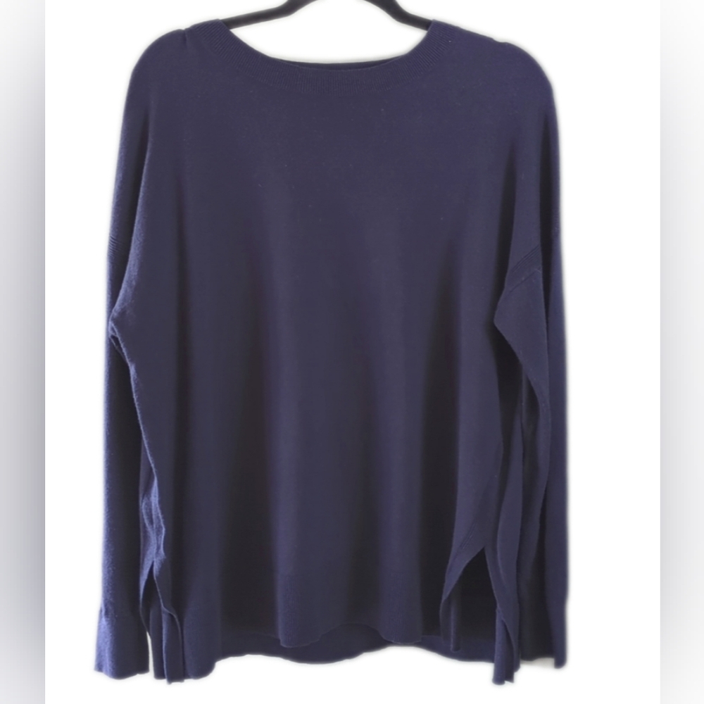 En Thread Pullover Ribbed Cuff Sweater Side Slit Navy Cotton Blend M